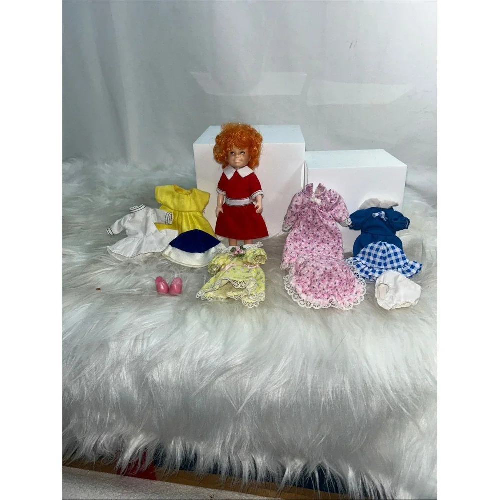 Vintage Little Annie Doll with Extra Outfits Accessories Red‎ Dress Orange Hair